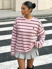 青少年女孩秋季休閒條紋長袖T恤 - 彩色 - 查看 1