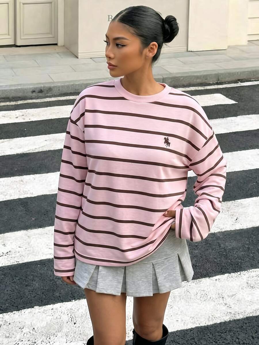 青少年女孩秋季休閒條紋長袖T恤 - 彩色 - 查看 1