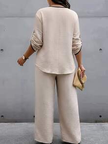 Weeklong Plus Size Beige V-Neck Top With Black Trim & Matching Wide Leg Pants Set, Casual Minimalist Style Fall - Apricot - View 2