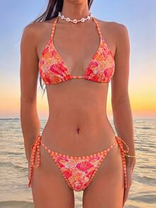 Swim Mod 女款春夏橘色貝殼圖案聚酯纖維啞光印花條紋飾邊綁領露背三角比基尼上衣與側綁三角泳褲套裝，適合海灘度假 - 彩色 - 查看 3