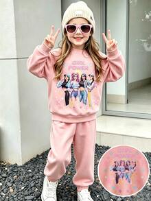 Elladie kids 女童字母卡通圖案長袖運動衫與運動長褲休閒日常兩件套 - 粉色 - 查看 1