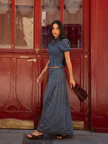 Nöista Women's Multi-Colored Striped Set Featuring Puff Sleeve Top And Coordinated High-Waisted A-Line Maxi Skirt. Perfect For Resort Wear - Navy Blue - View 10