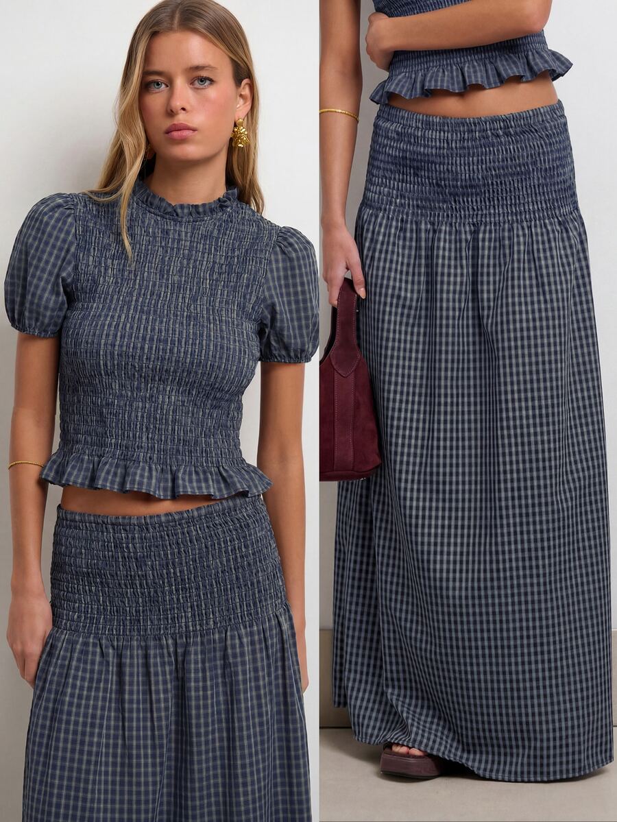 Nöista Women's Multi-Colored Striped Set Featuring Puff Sleeve Top And Coordinated High-Waisted A-Line Maxi Skirt. Perfect For Resort Wear - Navy Blue - View 1
