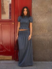 Nöista Women's Multi-Colored Striped Set Featuring Puff Sleeve Top And Coordinated High-Waisted A-Line Maxi Skirt. Perfect For Resort Wear - Navy Blue - View 5
