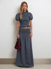 Nöista Women's Multi-Colored Striped Set Featuring Puff Sleeve Top And Coordinated High-Waisted A-Line Maxi Skirt. Perfect For Resort Wear - Navy Blue - View 6