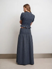 Nöista Women's Multi-Colored Striped Set Featuring Puff Sleeve Top And Coordinated High-Waisted A-Line Maxi Skirt. Perfect For Resort Wear - Navy Blue - View 2