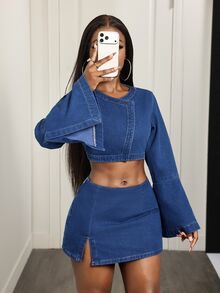 Slaydiva Women's Sexy Cropped Top And Front Slit Denim Mini Skirt Set - Blue - View 5