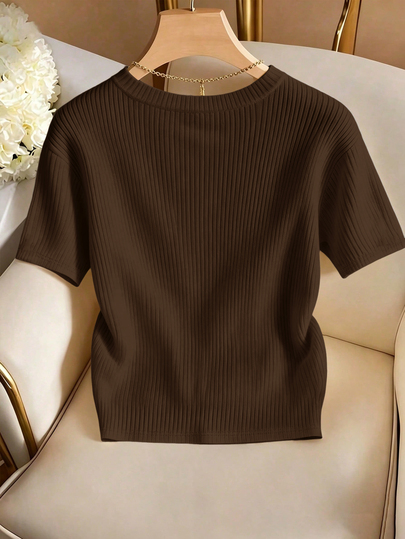 Franclia Tricou tricotat elegant cu guler rotund, tricou tricotat simplu și la modă, stil nou de vară