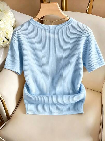 Franclia Elegant Round Neck Knit T-Shirt, Minimalist Fashion Knit T-Shirt, New Arrival For Summer