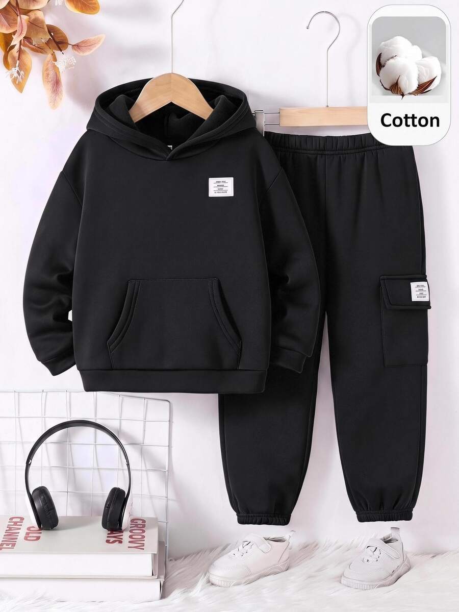 SHEIN Kids Young Boy Patch Pocket Hoodie And Cargo Pants Set