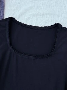 SHEIN Tween女孩大圓領彈性修身百搭簡約長袖T恤，舒適穿著 - 藍色 - 查看 5
