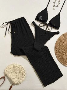 Swim Vcay 2026新款春夏女款三件式泳衣套裝，含泳褲與泳裙，特殊面料，優雅休閒海灘度假泳裝 - 黑色 - 查看 2