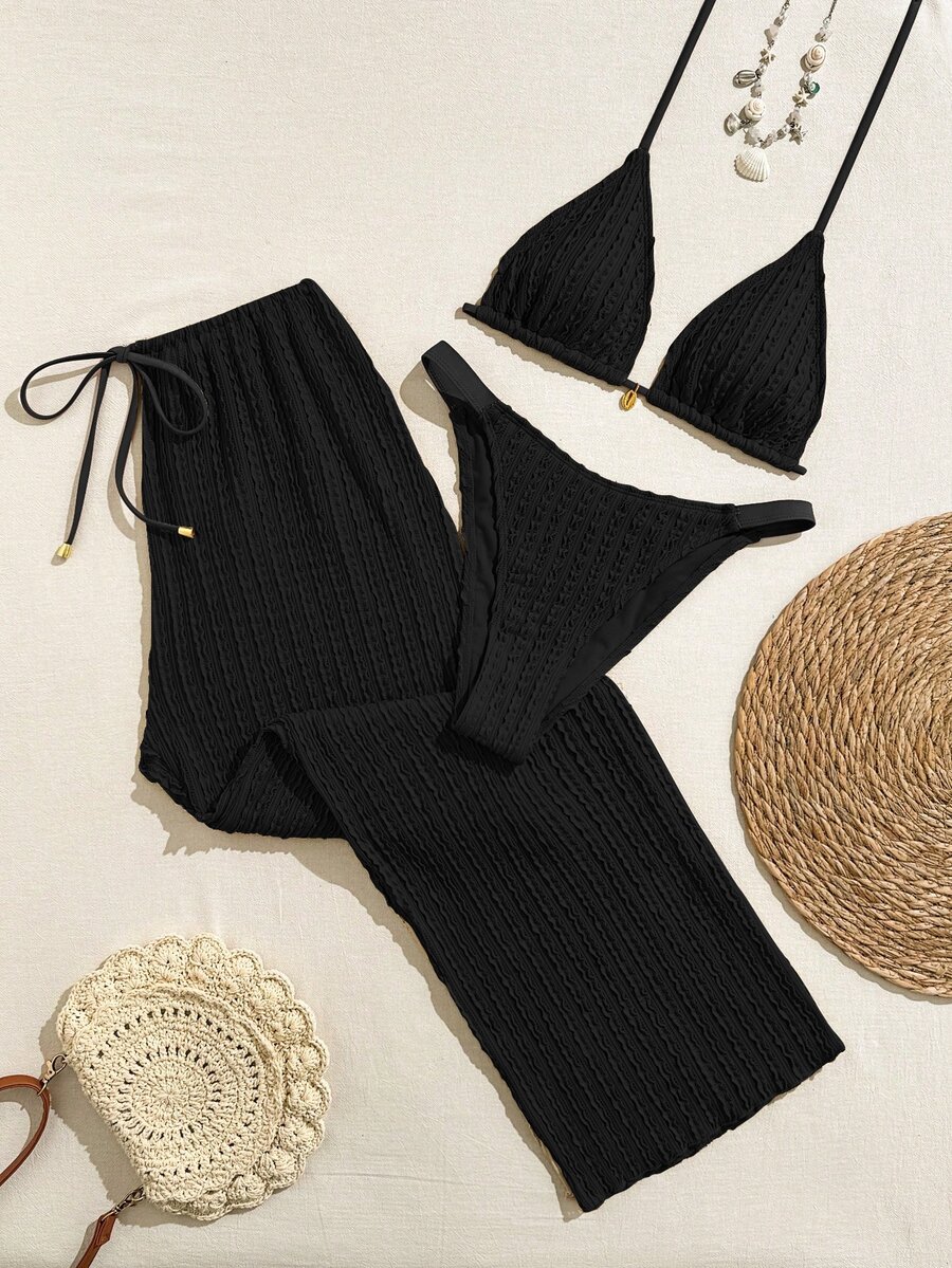 Swim Vcay 2026新款春夏女款三件式泳衣套裝,含泳褲與泳裙,特殊面料,優雅休閒海灘度假泳裝 - 黑色 - 查看 1