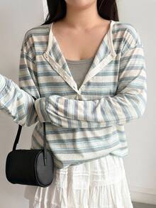 Dazy Plus Striped Loose Korean Style Half-Button Long Sleeve Casual T-Shirt For Girls, Spring/Autumn New - Dusty Blue - View 5