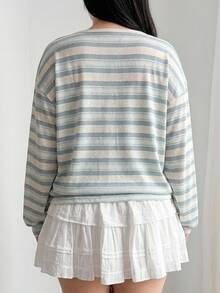 Dazy Plus Striped Loose Korean Style Half-Button Long Sleeve Casual T-Shirt For Girls, Spring/Autumn New - Dusty Blue - View 2