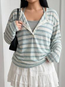 Dazy Plus Striped Loose Korean Style Half-Button Long Sleeve Casual T-Shirt For Girls, Spring/Autumn New - Dusty Blue - View 6