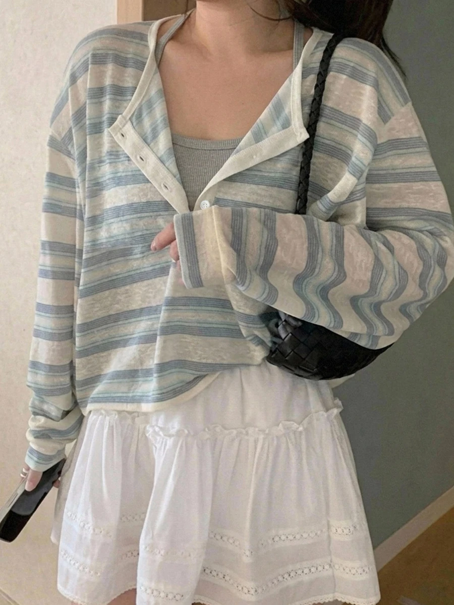 Dazy Plus Striped Loose Korean Style Half-Button Long Sleeve Casual T-Shirt For Girls, Spring/Autumn New - Dusty Blue - View 1