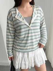Dazy Plus Striped Loose Korean Style Half-Button Long Sleeve Casual T-Shirt For Girls, Spring/Autumn New - Dusty Blue - View 4
