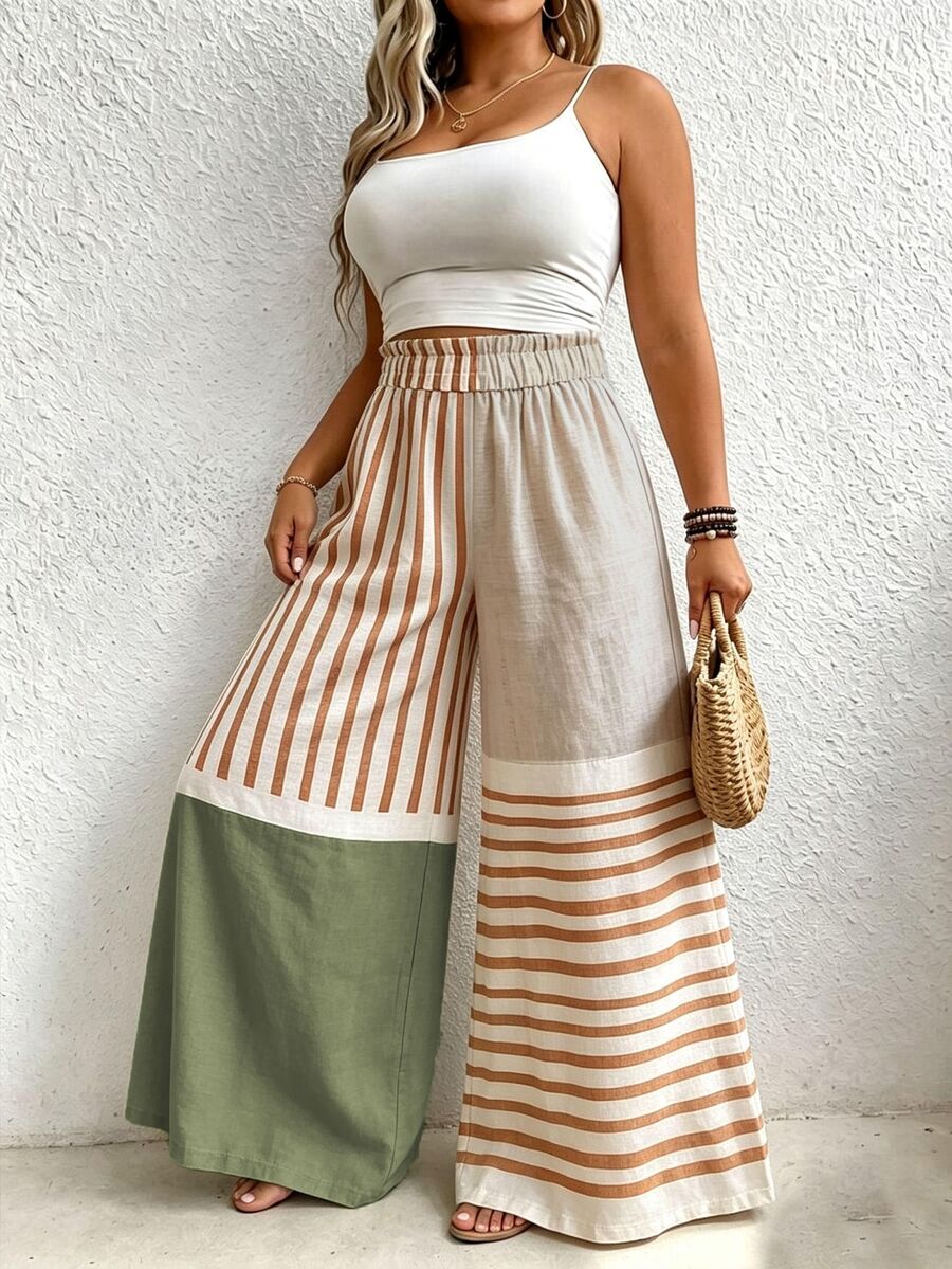 Linhara CURVE Plus Size Women's Woven Regular Fit Casual Country Style Comfortable Commute Color Block Wide Leg Long Pants, Summer/Autumn Fall - Multicolor - View 1