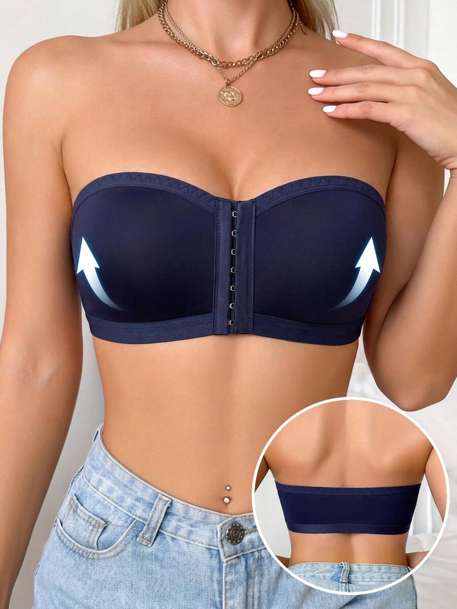 SHEIN 1pc Women's Wireless Non-Padded Bra With Anti-Slip Silicone Front Closure - Navy Blue - View 1