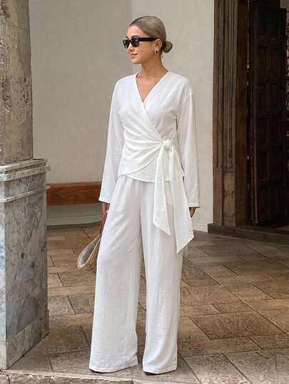 Livesso Women's V-Neck Striped Long Sleeve Top And Wide Leg Pants Casual Daily 2 Pieces Set Fall