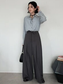 FRIFUL Celana Panjang Wanita Model Korea Baru untuk Awal Musim Gugur, dengan Tali Serut di Pinggang, Model Lurus dan Berkerut. - Grey - View 3