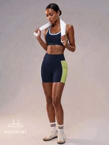 Zivah Setelan Olahraga Wanita Warna Biru Tua dengan Tank Top Pendek dan Celana Pendek Pinggang Tinggi dengan Kantong - Set untuk Gym, Yoga, dan Latihan. - Navy Blue - View 3