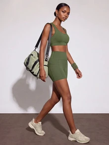 Zivah 女款橄欖綠短版背心與高腰短褲套裝－休閒日常健身運動運動服 - 綠色 - 查看 11