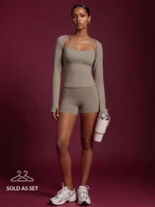 Zivah Women's Grey 3 Piece Sports Set - Camisole Tank Top, Cover-Up & Shorts For Gym Workout Yoga All Season - Khaki - View 3