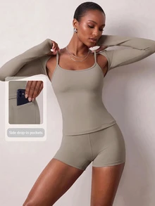 Zivah Women's Grey 3 Piece Sports Set - Camisole Tank Top, Cover-Up & Shorts For Gym Workout Yoga All Season - Khaki - View 5