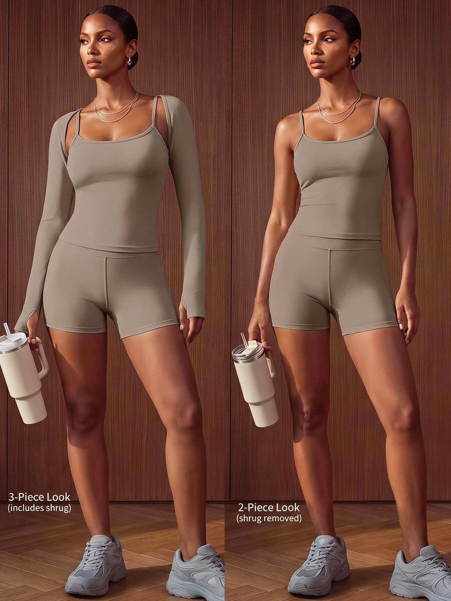 Zivah Women's Grey 3 Piece Sports Set - Camisole Tank Top, Cover-Up & Shorts For Gym Workout Yoga All Season