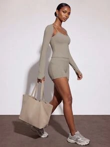 Zivah Women's Grey 3 Piece Sports Set - Camisole Tank Top, Cover-Up & Shorts For Gym Workout Yoga All Season - Khaki - View 7