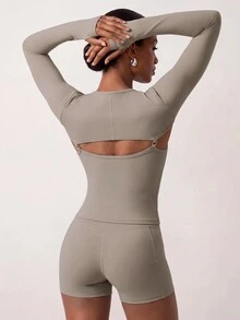 Zivah Women's Grey 3 Piece Sports Set - Camisole Tank Top, Cover-Up & Shorts For Gym Workout Yoga All Season - Khaki - View 4