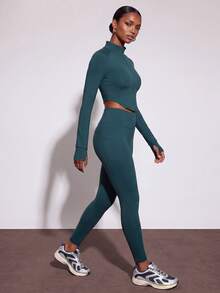 Zivah Women's Teal 3 Piece Sports Set - Zip-Up Jacket, Sports Bra & Leggings Athletic Outfit For Gym Workout Autumn - Green - View 7