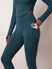 Zivah Women's Teal 3 Piece Sports Set - Zip-Up Jacket, Sports Bra & Leggings Athletic Outfit For Gym Workout Autumn - Green - View 5