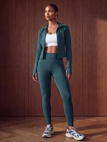 Zivah Women's Teal 3 Piece Sports Set - Zip-Up Jacket, Sports Bra & Leggings Athletic Outfit For Gym Workout Autumn - Green - View 8