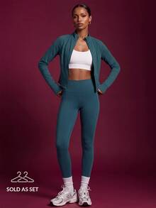 Zivah Women's Teal 3 Piece Sports Set - Zip-Up Jacket, Sports Bra & Leggings Athletic Outfit For Gym Workout Autumn - Green - View 3