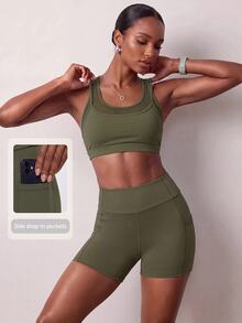 Zivah Women's Olive Green Sports Bra And Shorts Set - Summer Gym Workout Yoga Activewear - Green - View 6