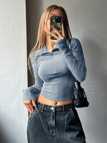 DAZY 女式半拉链修身长袖 T 恤，秋季服装学院风上衣 - 霧霾藍 - 查看 4
