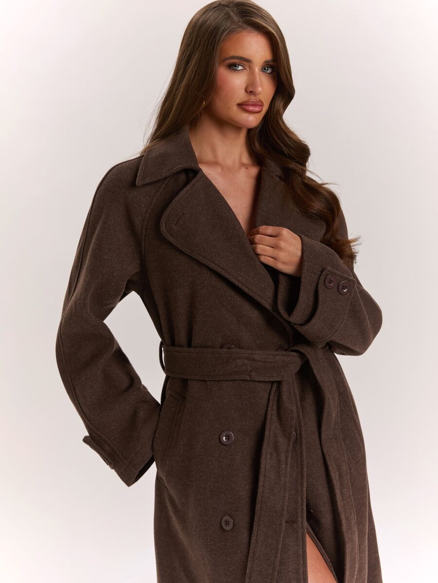 SHEIN BAE Solid Color Premium Elegant Versatile Design Double-Breasted Loose Fit Daily Overcoat - Brown - View 1