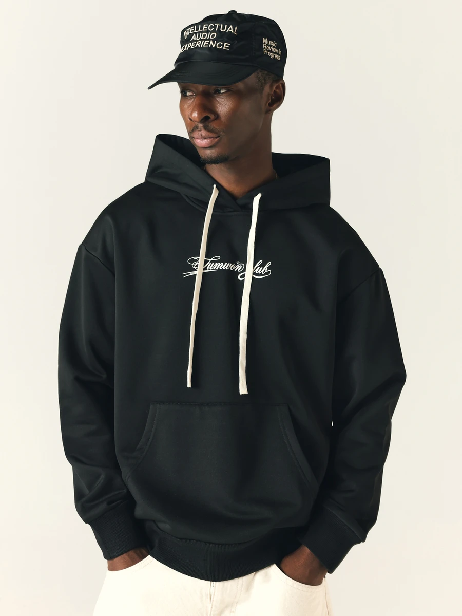 SUMWON Club Oversized Pullover Hoodie With Script Logo Chest Print And Centre Pocket Casual Fall Winter Streetwear - Black - View 1