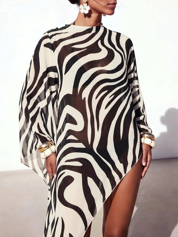 Zivah Women's Zebra Print Chiffon Kimono Cover Up,Sheer Beach Bathing Suits Swimwear,Elegant Boho White Summer Holiday Party,Versatile Wrap For Vacation