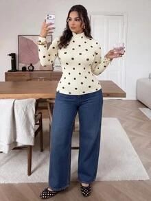 Lounesse 大尺碼純色羅紋修身小高領針織T恤 女款休閒日常外出上衣 波點派對風女式T恤 辦公通勤工作女裝T恤 - 米色 - 查看 3