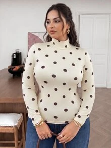 Lounesse 大尺碼純色羅紋修身小高領針織T恤 女款休閒日常外出上衣 波點派對風女式T恤 辦公通勤工作女裝T恤 - 米色 - 查看 9