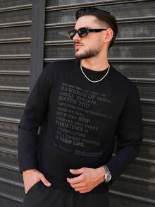 LEOGASHI LEOGASHI Men's Knit Casual Daily Young English Print Patchwork Loose Long Sleeve T-Shirt - Black - View 4
