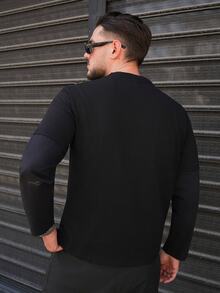 LEOGASHI LEOGASHI Men's Knit Casual Daily Young English Print Patchwork Loose Long Sleeve T-Shirt - Black - View 2