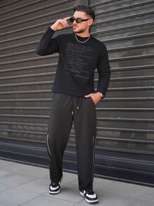 LEOGASHI LEOGASHI Men's Knit Casual Daily Young English Print Patchwork Loose Long Sleeve T-Shirt - Black - View 1