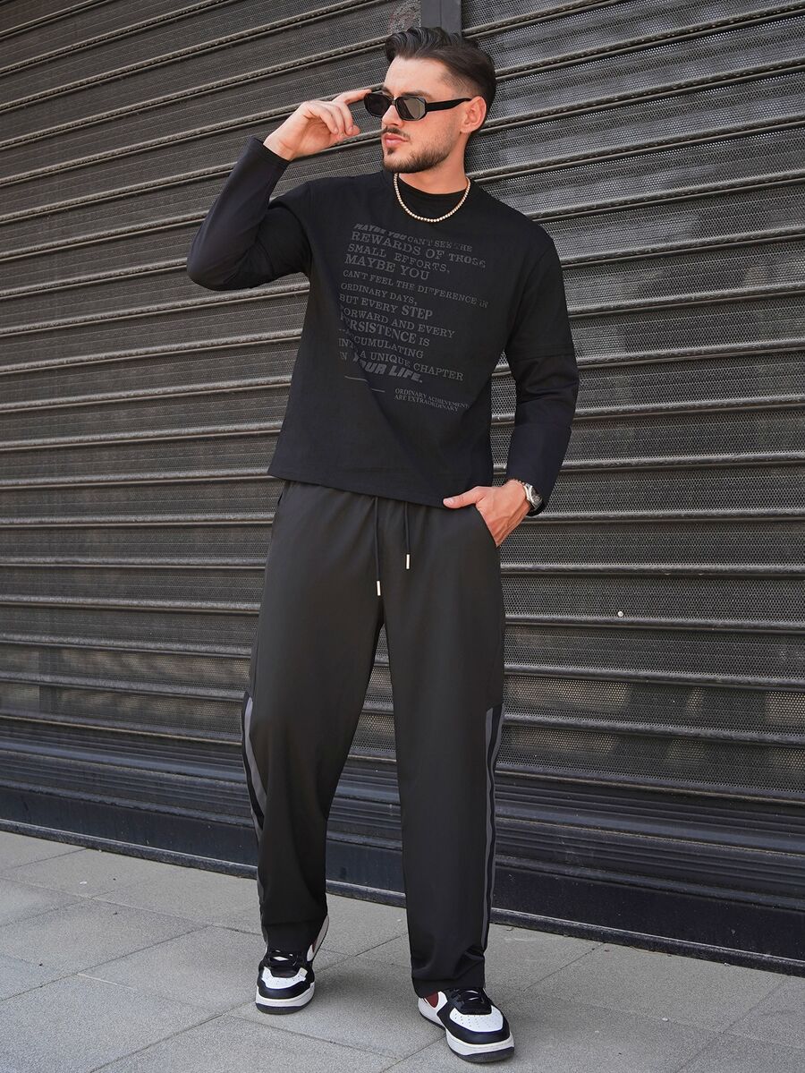 LEOGASHI LEOGASHI Men's Knit Casual Daily Young English Print Patchwork Loose Long Sleeve T-Shirt - Black - View 1