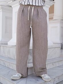 LEOGASHI LEOGASHI Men's Drawstring Waist Striped Wide Leg Loose Casual Long Pants - Coffee Brown - View 3