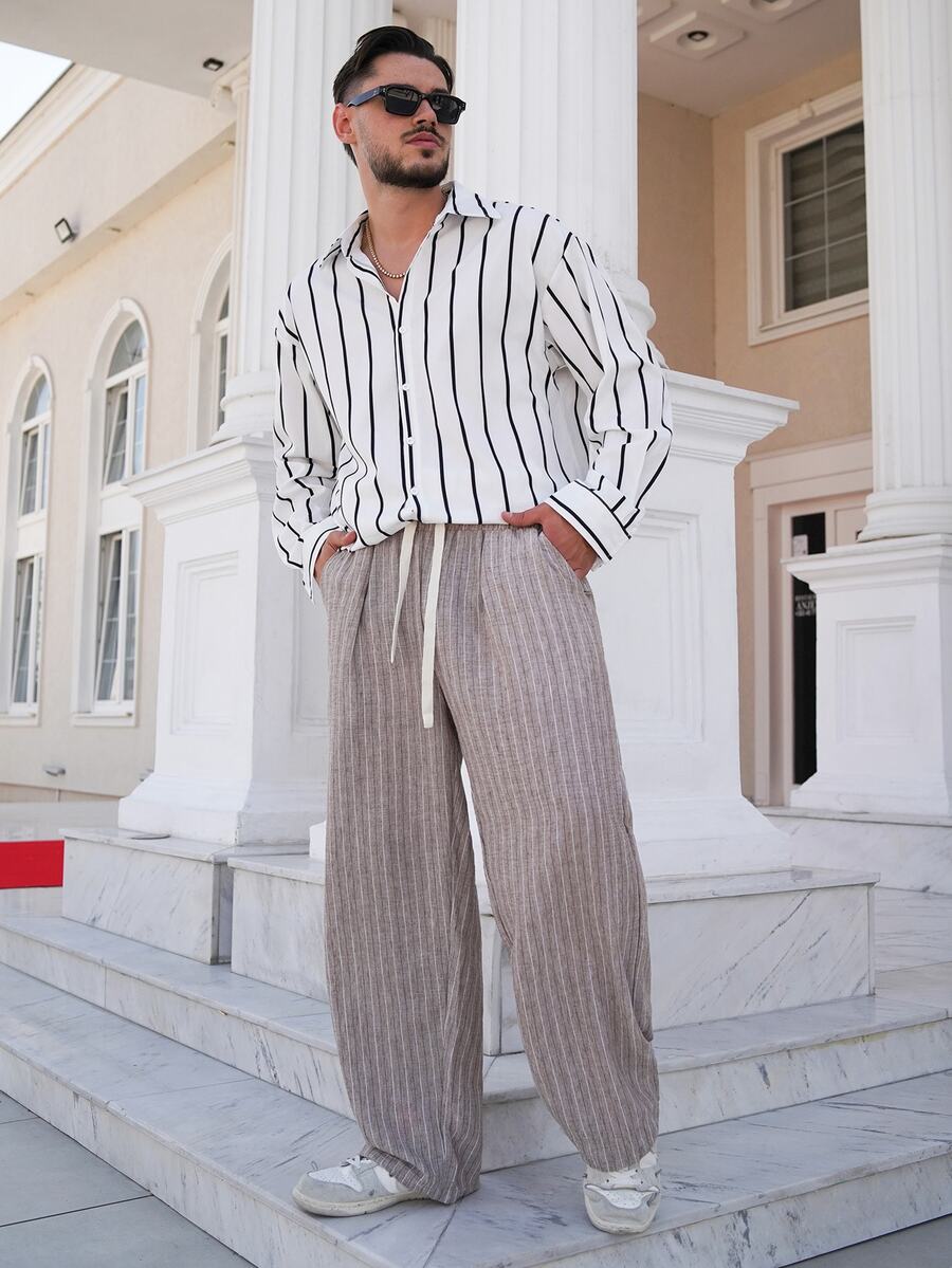 LEOGASHI LEOGASHI Men's Drawstring Waist Striped Wide Leg Loose Casual Long Pants - Coffee Brown - View 1